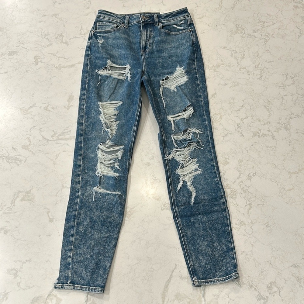 AE Stretch Ripped High Rise Straight Stretch Leg Mom Jean Destroy Your Blues 4L